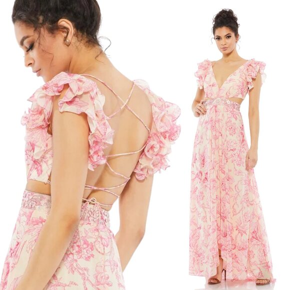 MAC DUGGALFLORAL PRINTED RUFFLE SHOULDER LACE UP GOWN #9161